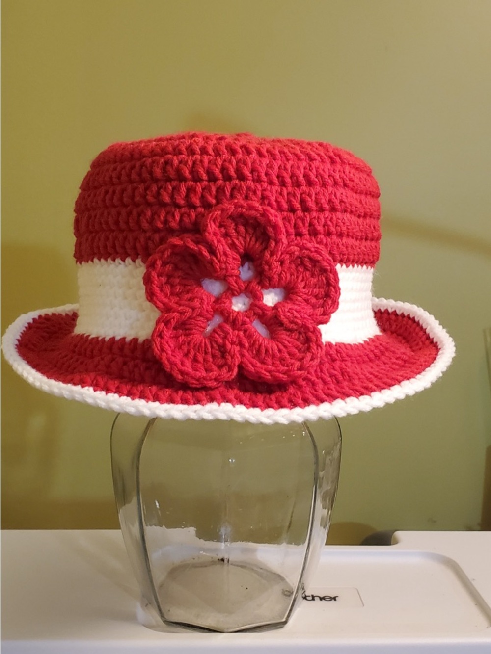 Hand-Crocheted Red and White Floral Sun Hat
